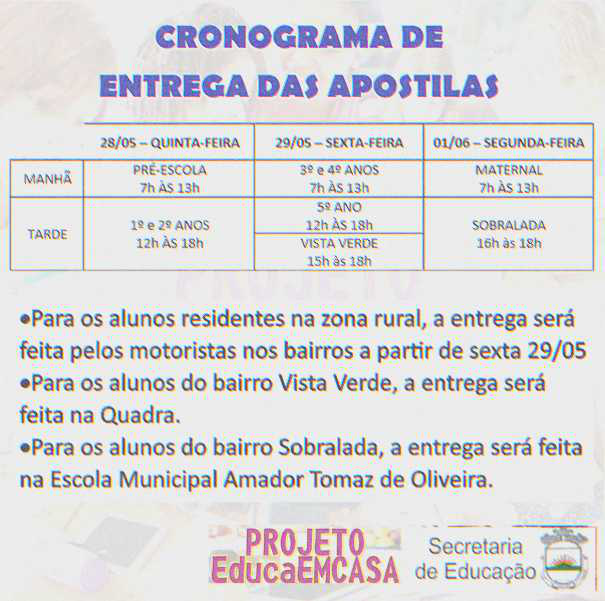 A Secretaria Municipal de Educação de Heliodora disponibilizou hoje o cronograma de entrega das apostilas.