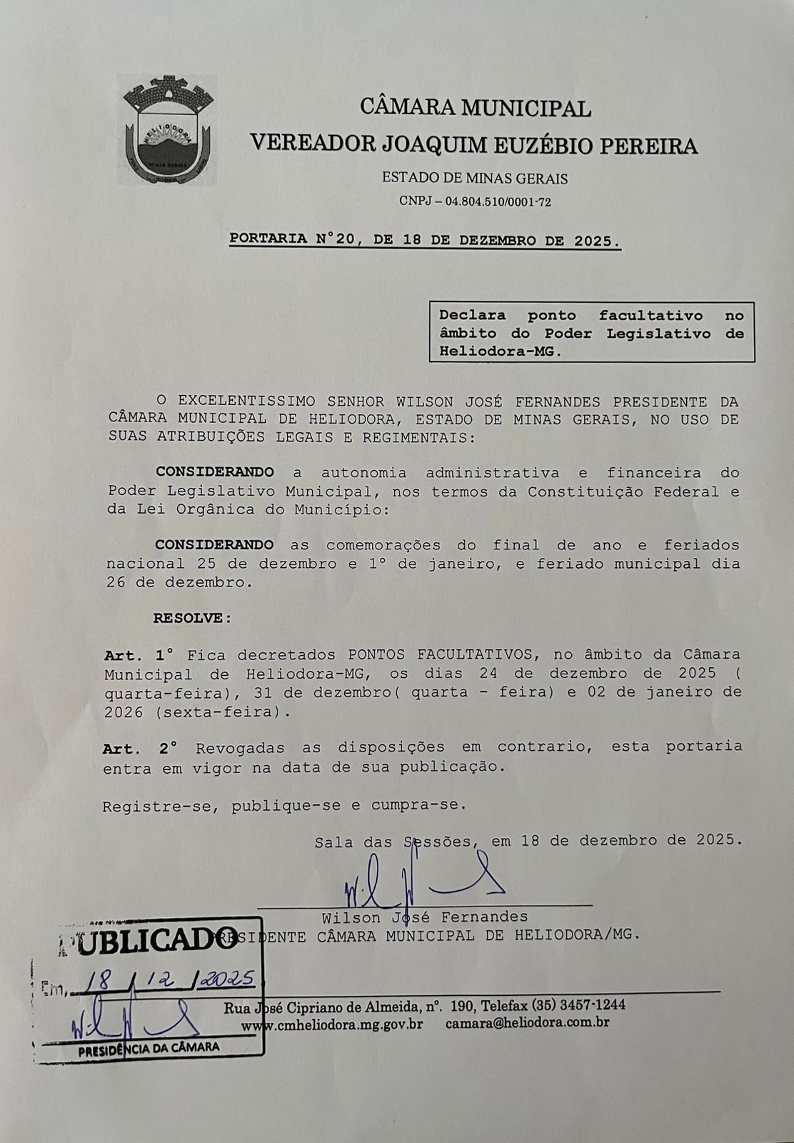 Portaria nº 20 - Dispõe sobre ponto facultativo