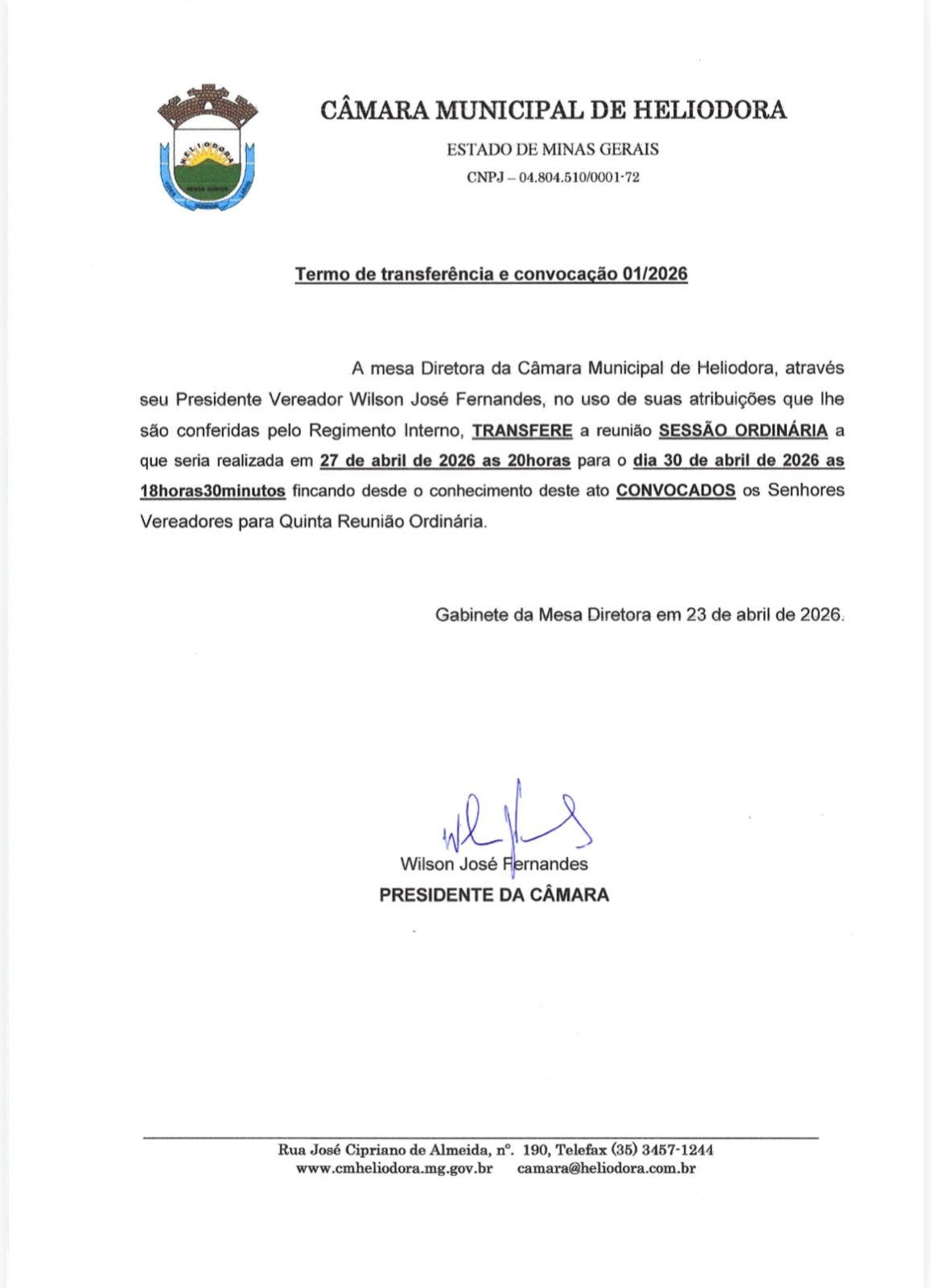 Termo de transferência e convocação 01/2026